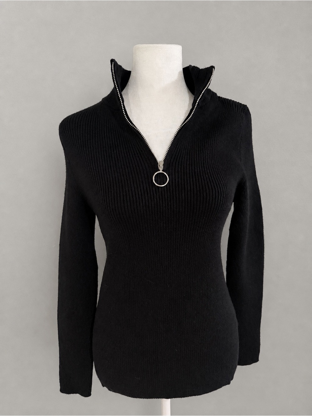 PrettyGarden Ribbed Knit Sweater Women’s M Black Zip Mock Neck Long Sleeve